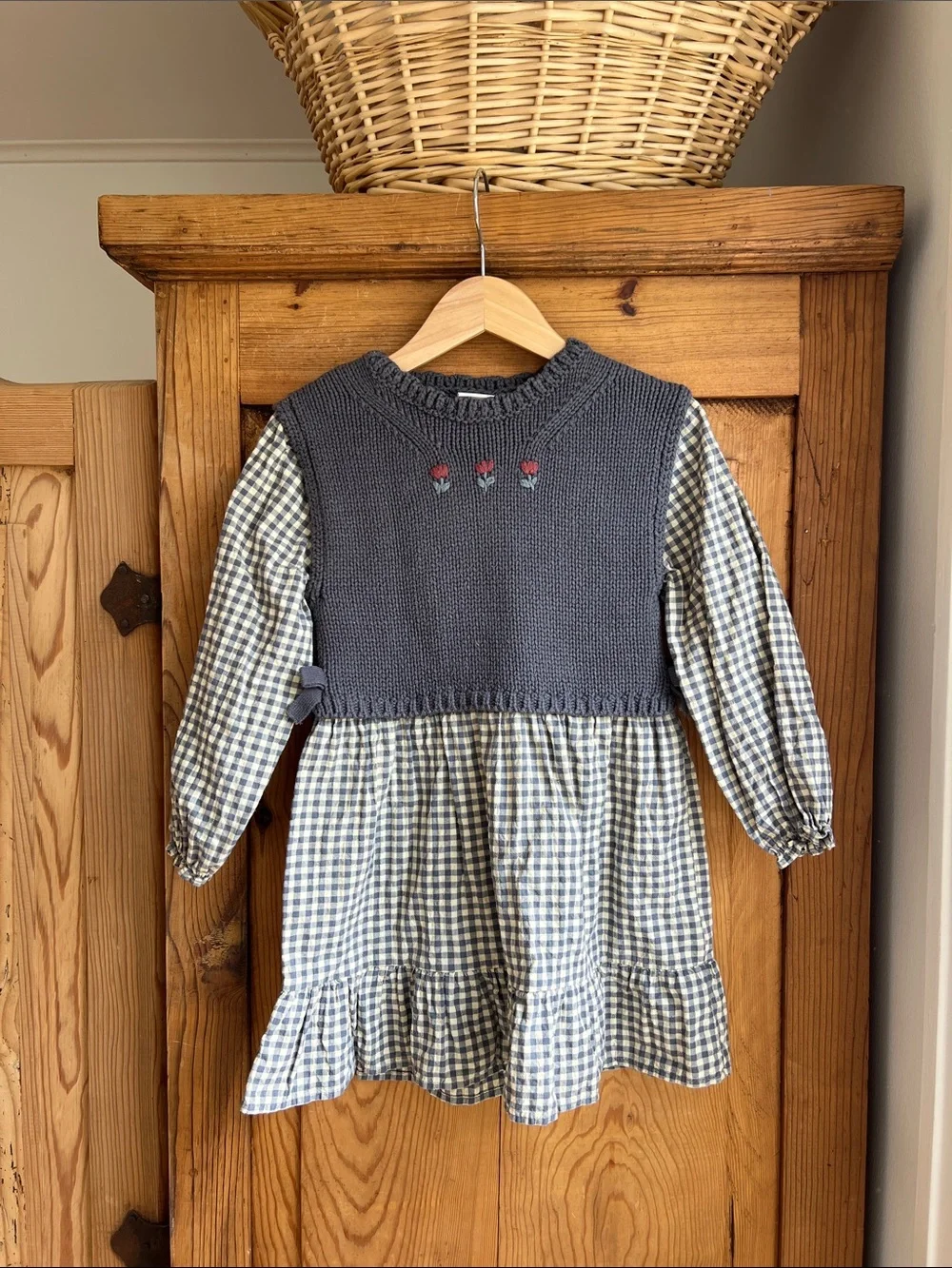 Zara | Girls Navy Knit Vest & Blue Gingham Dress Set